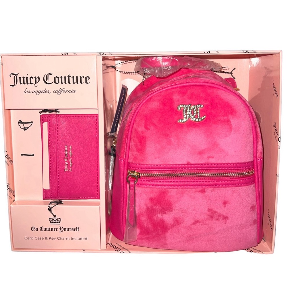 NWT Juicy Couture Pink Velour Mini Backpack Cardholder Set
